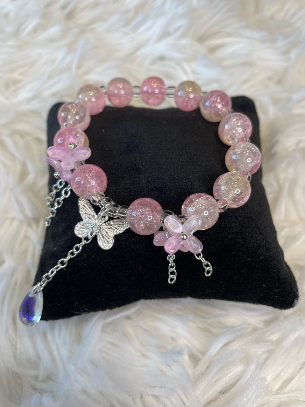 Pink Crackle Bead Butterfly Charm Bracelet